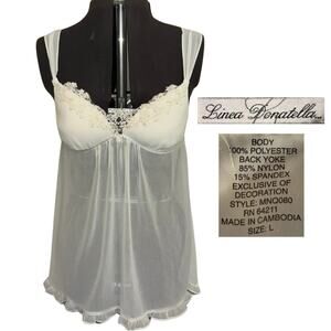 Linea Donatella Sheer Beaded Babydoll Mini Dress White Size Large Romantic